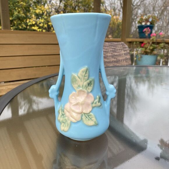 1930s WELLER BLOSSOM VASE ART POTTERY 7.25" X 3.5” AQUA BLUE FLORAL W/ HANDLES - Picture 1 of 7